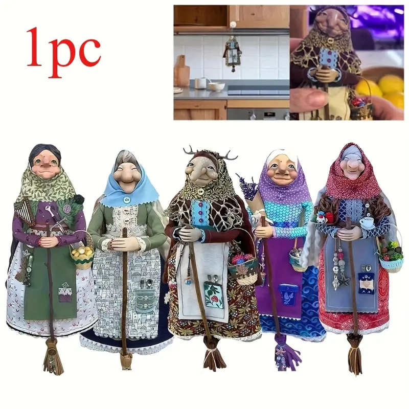 Handmade Resin Kitchen Witch Doll - Floral & Polka Dot Easter Decor, No Electricity Shelf Display, Whimsical Good Luck Charm for Home & Kitchen Decorations, Festive Doll Figures, Intricate Clothing Design, Detailed Fabric Dolls Ornaments  Figurine,,bricks