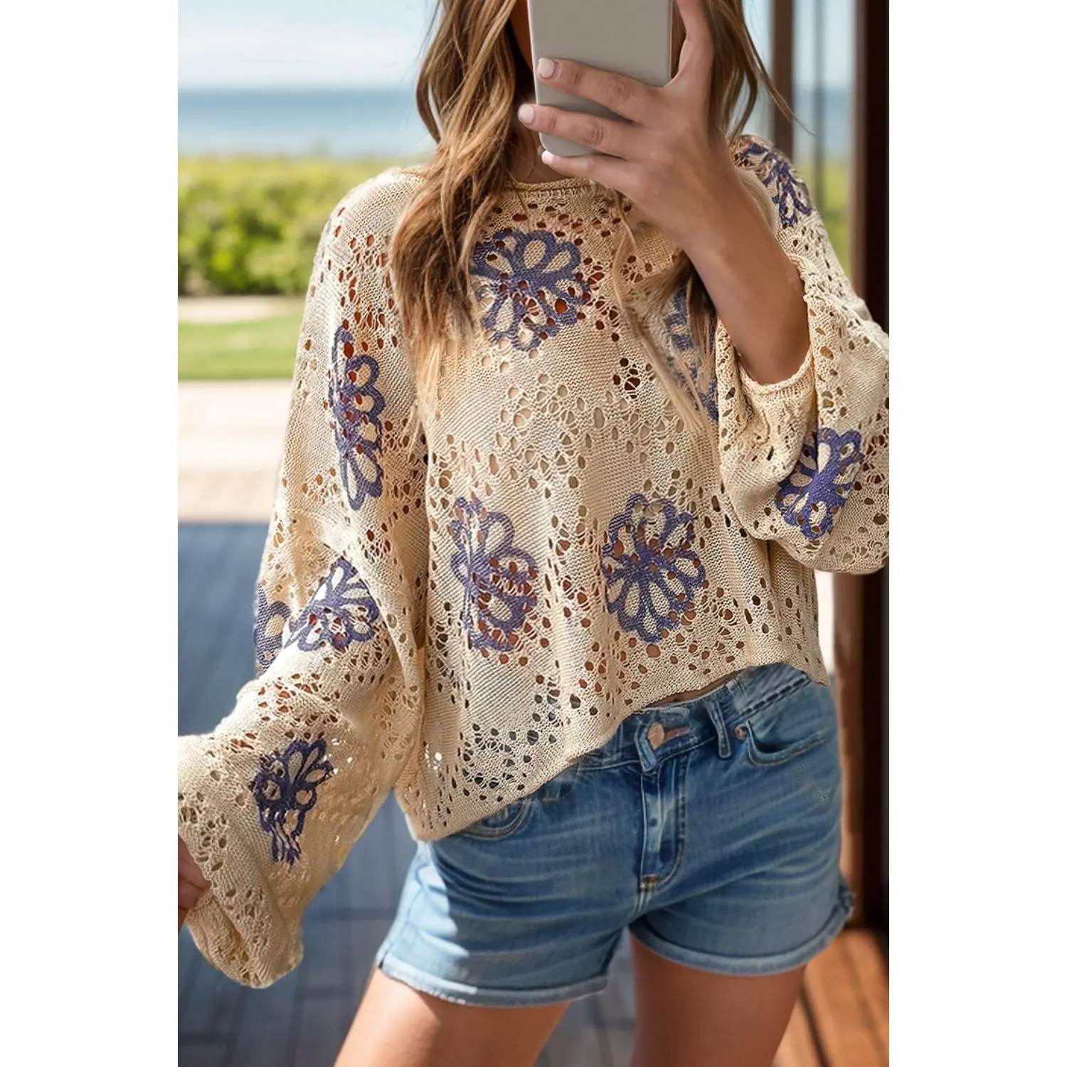 Long Sleeve Crochet Flower Tan Top Blouse