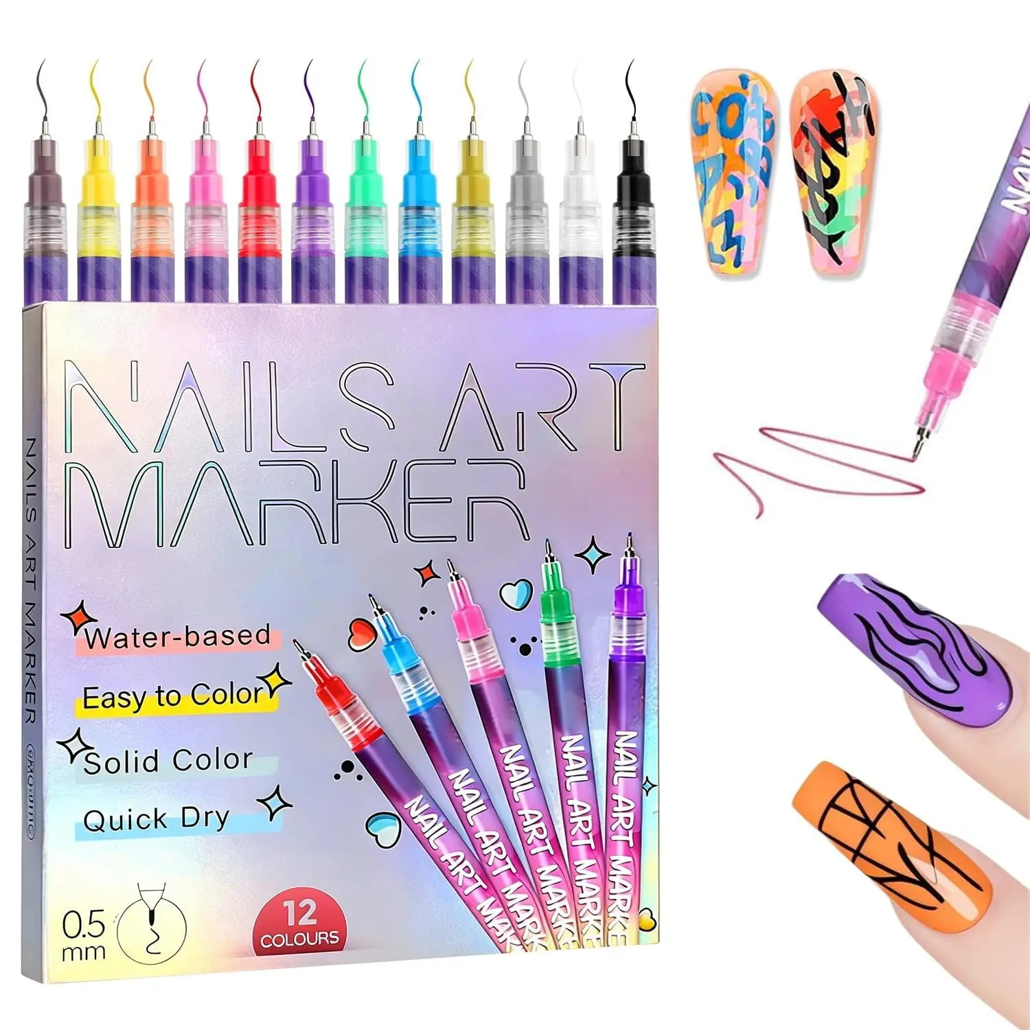 12-Colors Nail Art Pens Set, 0.5mm Fine Tip Acrylic Nail Art Markers, Quick Dry Waterproof DIY 3D Nail Design Kit for Beginners, Nail Art Gift for Teen Girls