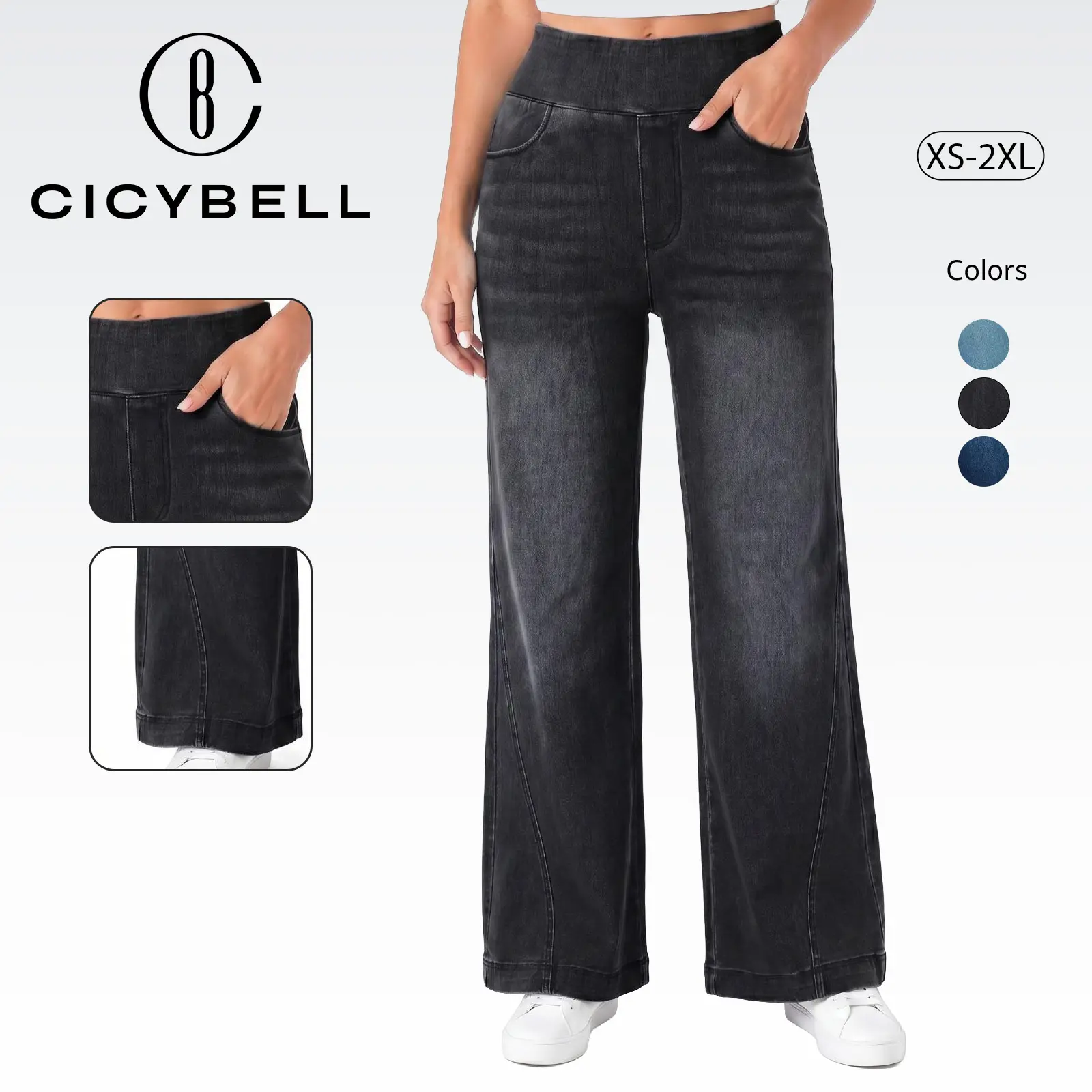 Cicy Bell Women's High-Waist Stretch Denim Wide-Leg Trousers - Pull-On, Lightweight, Minimalist Basic Bottoms with Pockets,clothes for back to school,first day of school outfits