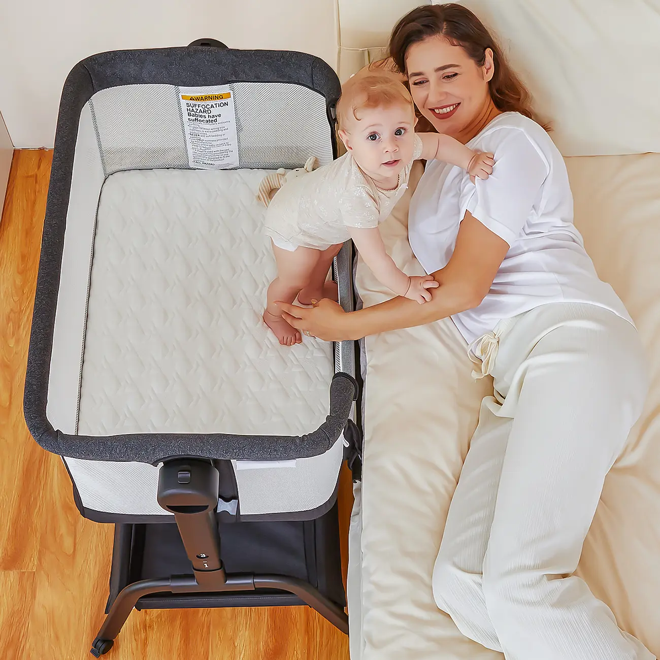 Sohochic 4-in-1 Rocking Bassinet for Baby, Bedside Crib Sleeper with Soft Waterproof Mattress, Breathable Mesh, 6 Adjustable Heights & Large Capacity Storage, Infant Cradle, Inclined Feeding Seat, Side Guard