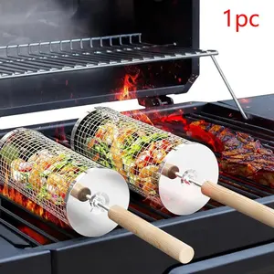 Round Barbecue Grill Basket Set, Stainless Steel Rolling BBQ Cage, Wire Mesh Cylinder Grilling Rack, Outdoor Camping Essential Tool, Vegetable, Grilling Tools