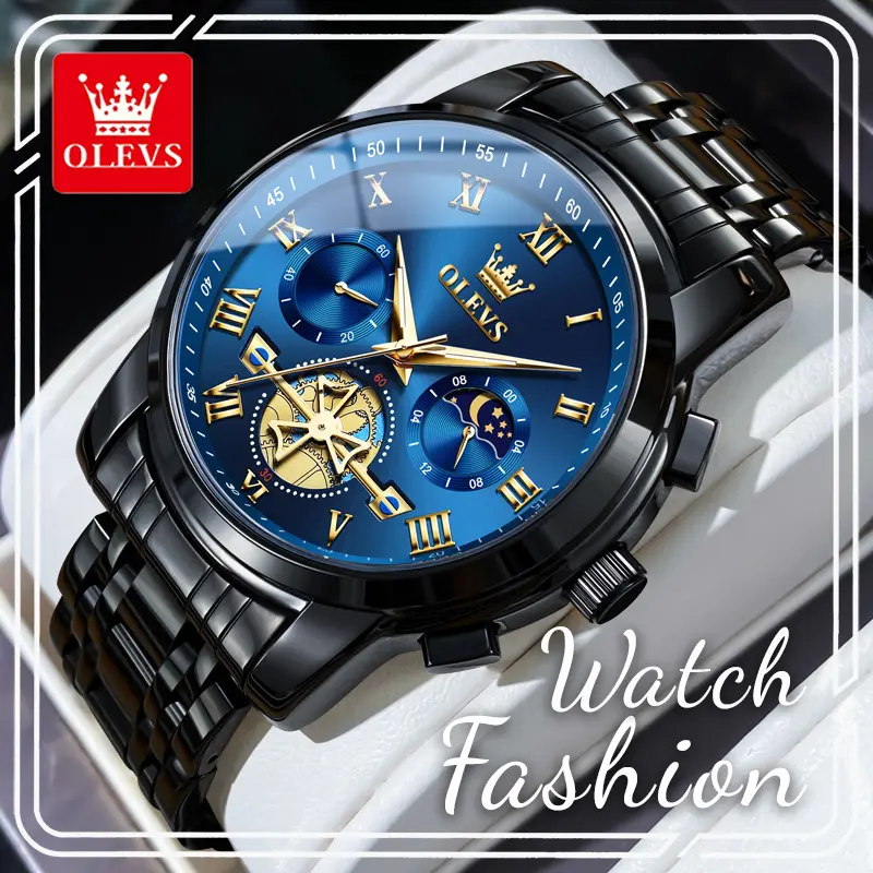 OLEVS 2859 Men's Business Wristwatch - Fashionable Waterproof Luminous Analog Watch, Black, Blue Roman Numeral Dial, Chronograph, 24-Hour Indicator, Luxury Formal Wear Quartz Watch, Fashionable Waterproof Watch