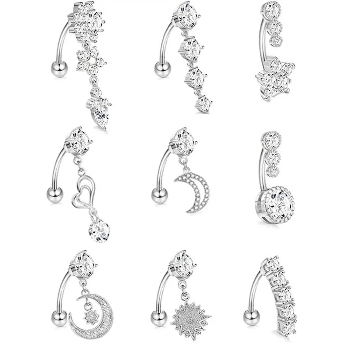 Women's 9-Pack Modern Metallic Navel Rings - 14G Stainless Steel Curved Barbell Dangle & Reverse Body Jewellery, Belly Button Rings, Female, Ring Piercing Jewelry