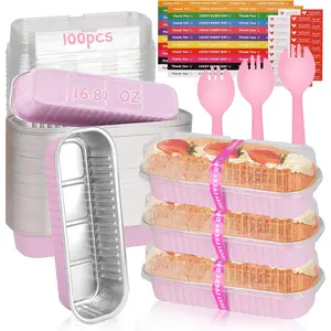 100 Pack Mini Loaf Pans Mini Cake Pans with  and Spoons Sealing Sticker, 6.8oz Rectangle  Foil Baking Pans Disposable Loaf Cake Pan for Baking ()