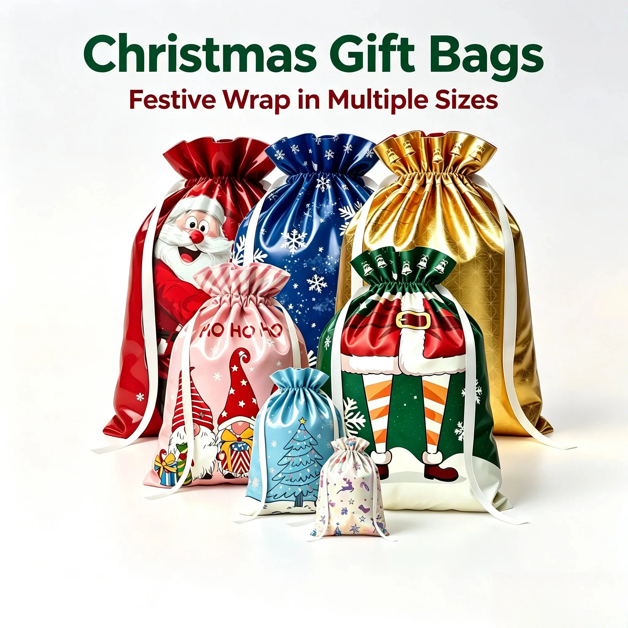 Multi-Size Christmas Drawstring Wrapping Sacks, Assorted Festive Print Durable Plastic Pouches, Bulk Sets for Holiday Presents, Mens Gifts, Gifts for Him
