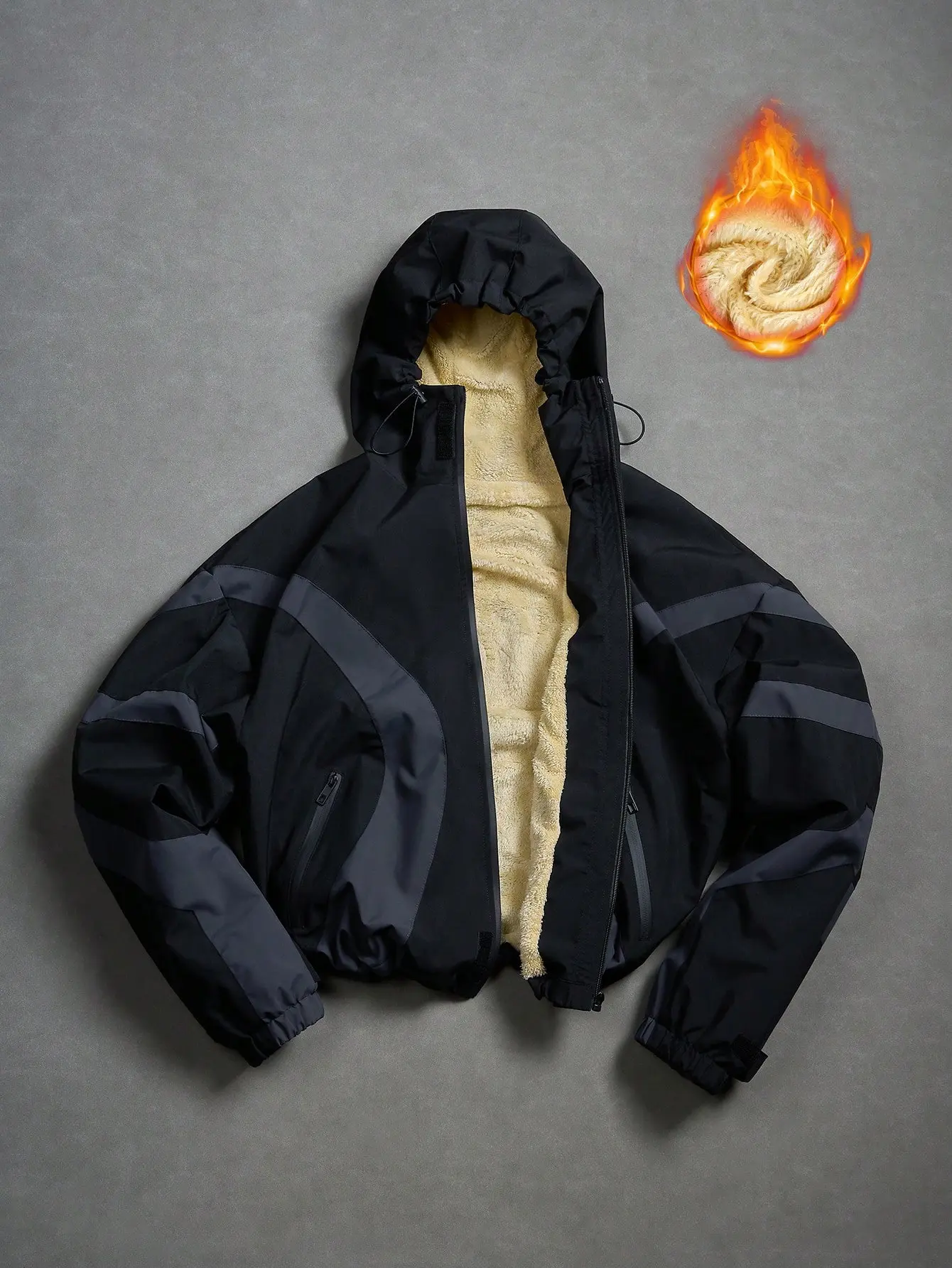 Unisex Arc Colorblock Sherpa Lined Hooded Windbreaker – Waterproof, windproof woven fabric, thick full sherpa lining, adjustable drawstring hood & hem, abstract star chest print, waterproof side zip pockets, cropped fit, fall/winter jacket for hiking & cy