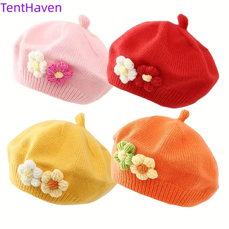 2026 New Hat Two-Piece Set: Autumn/Winter Knitted Beret, Artist Hat with Cute Floral Detail, and Beanie