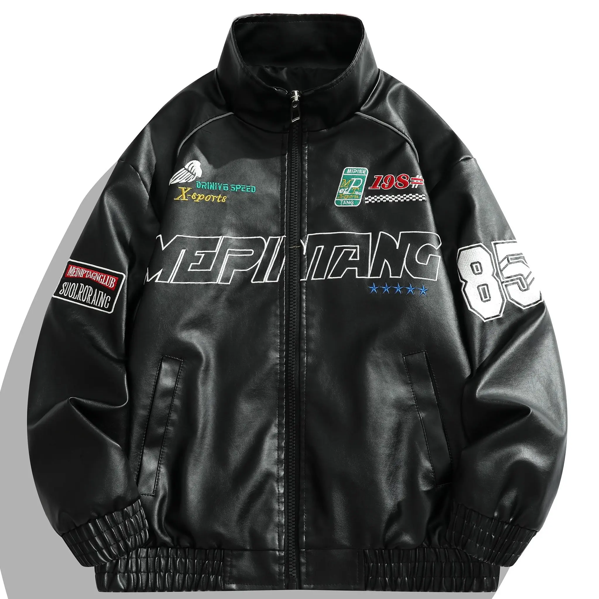 Men’s racing patch embroidery stand collar faux leather aviator jacket; retro racing street-style zip baseball jacket for autumn/winter; windproof PU leather jacket; heavyweight vintage hip-hop European and American street biker jacket; available in multi