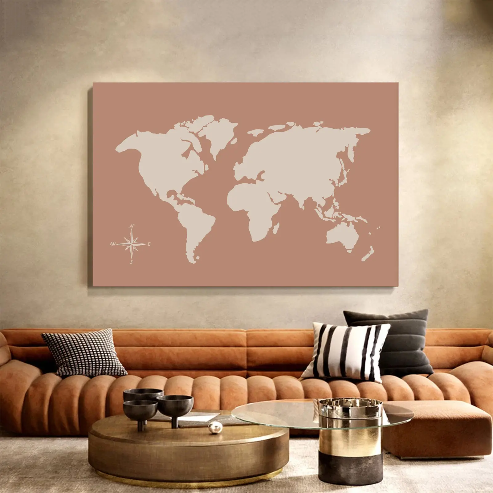 Vintage Minimalist Artistic World Map Print - Antique Earth Tone Travel Navigation Chart with Compass, Unframed Farmhouse Wall Decor for Bedroom, Study, Dining Room, Classroom, Home Office