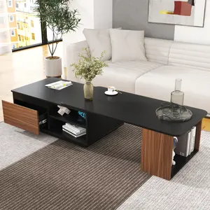 Extendable Coffee Table with Storage Drawer for Living Room 48-66'' Rectangle Coffee Table Large Storage Shelf Center Table Adjustable Black