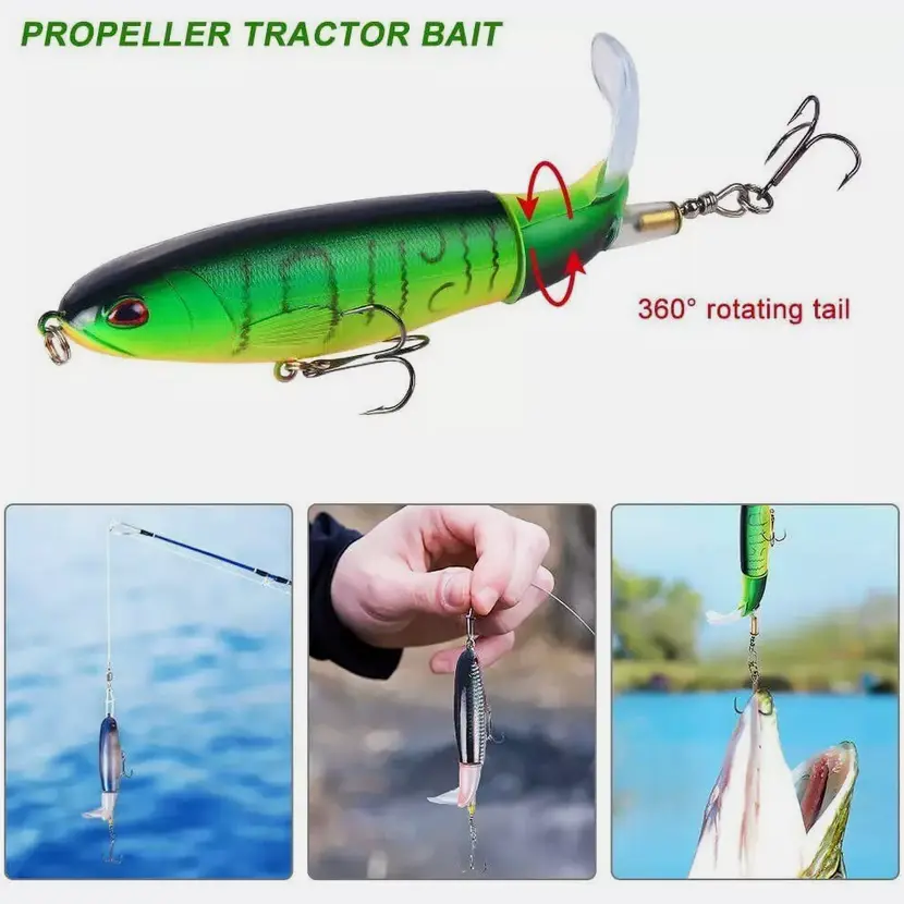 SJPACK 10 Pack Whopper Plopper Style Topwater Lures, Hard Artificial Baits for Bass Fishing with Rotating Tails and Sharp Treble Hooks, 10cm 13g, Artificial Fishing Lure, Bass Fishing Lures