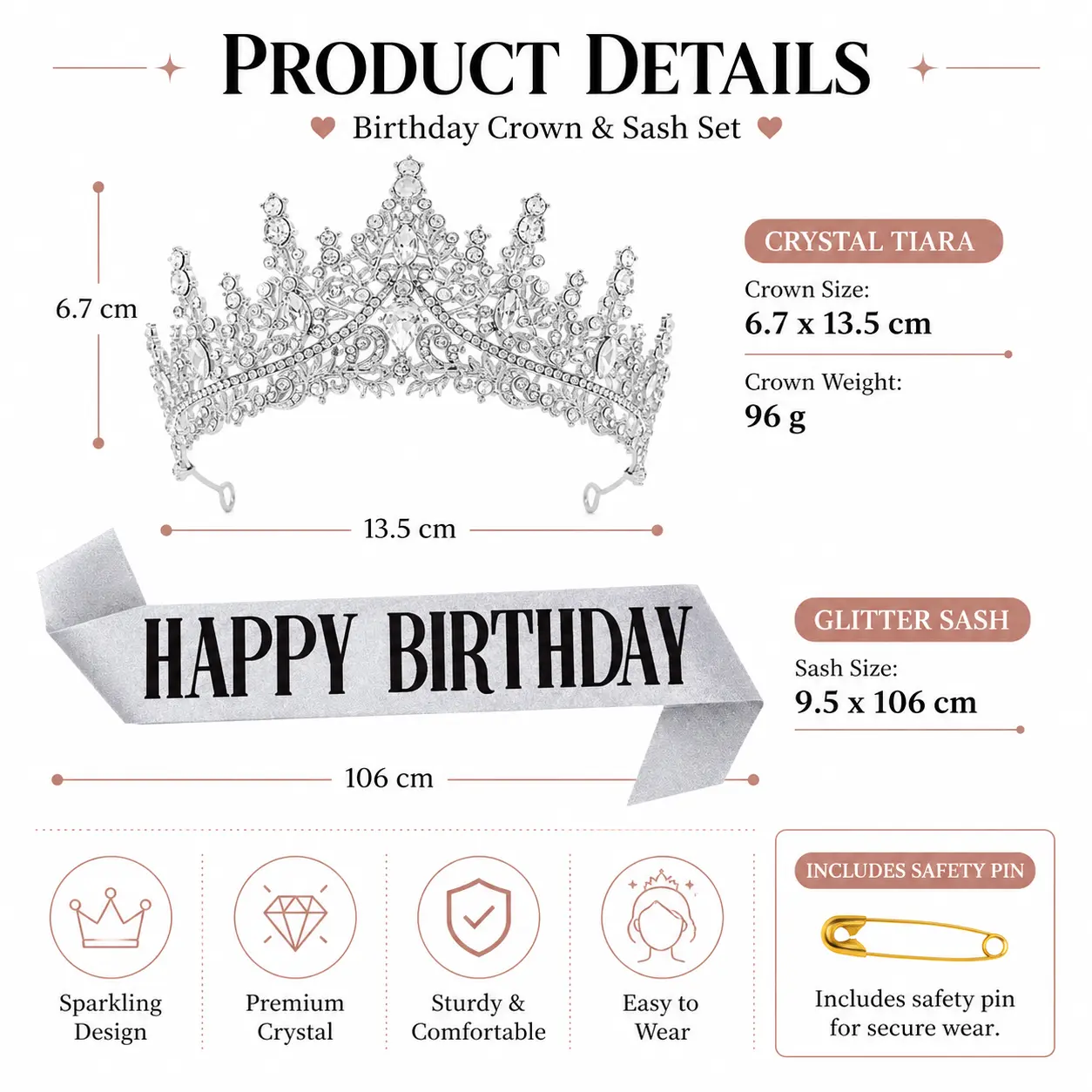 Tiara and Sash Set, Lightweight Crystal Princess Aesthetic Crown with Happy Birthday Glitter Text Sash, Glamorous Female Party Accessory, Bling Hair Crowns & Tiaras, Crystal Tiara, Attachment Set Crowns & Tiaras