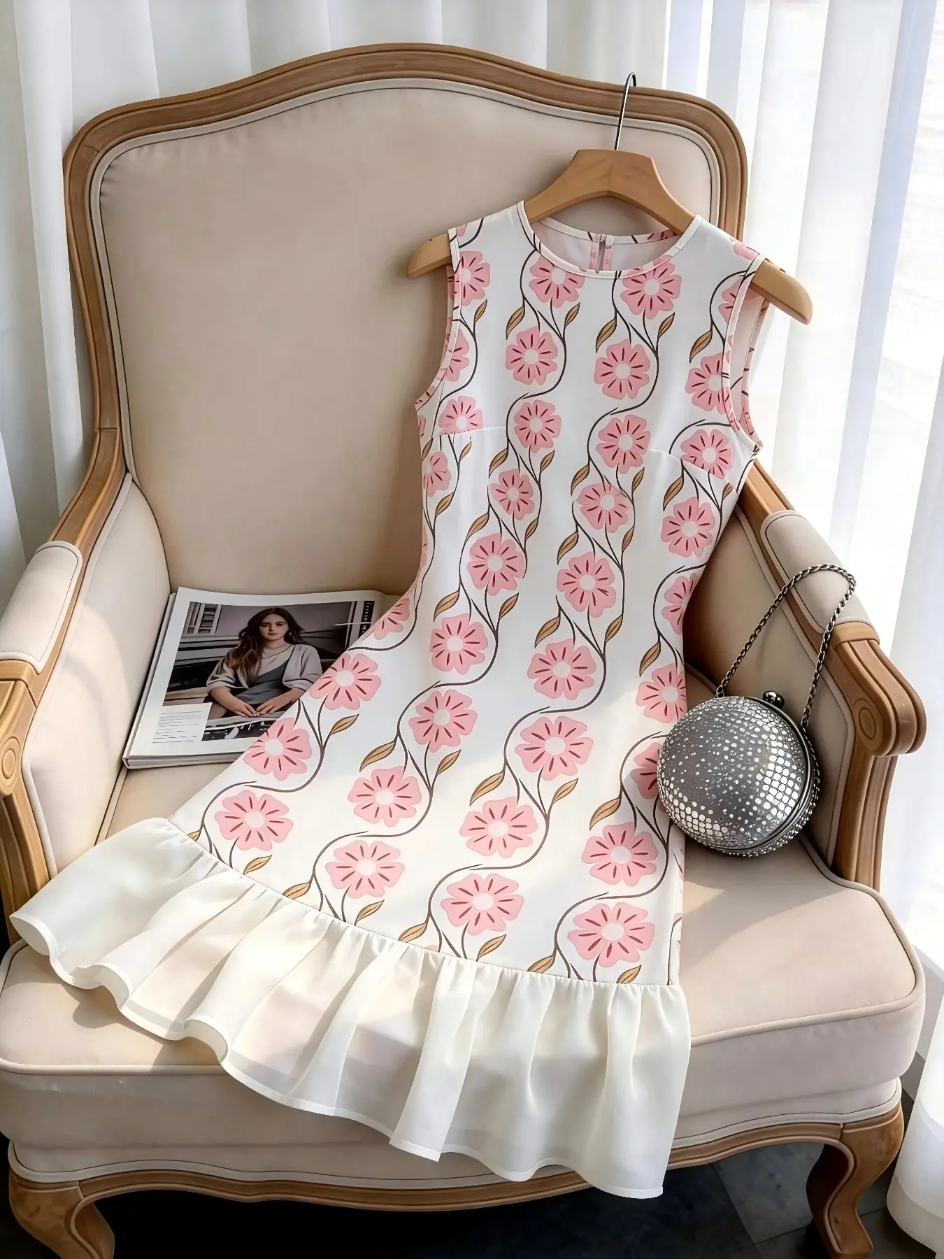 Women's Sleeveless Crew Neck Floral Print Midi Dress, White Pink Ruffled Hem Slim Fit A Line Dress, Elegant Feminine Style Casual Outfit for Office, Brunch, Date Night, Vacation, Party, Trendy Formal Streetwear for Ladies