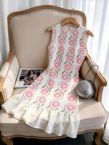 Women's Sleeveless Crew Neck Floral Print Midi Dress, White Pink Ruffle Hem Slim Fit A Line Dress, Elegant Casual Outfit for Office, Brunch, Date Night, Vacation, Party, Trendy Formal Streetwear for Ladies
