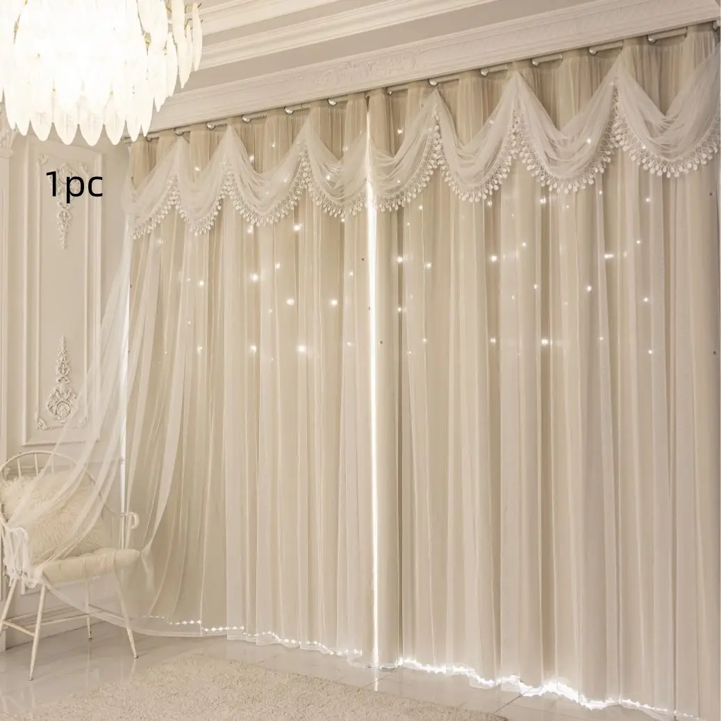 1 piece French lace double-layer blackout curtain , with integrated fabric  hollow star ,  featuring an integrated curtain skirt.  romantic Window Curtain, perfect for decor in home living rooms  bedrooms, Home Decoration Curtain, Blackout Window Cover