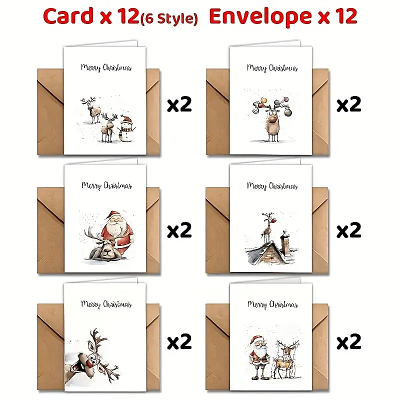 24 Christmas Cards and Envelopes Set, 12 Cards with 12 Envelopes, Santa Claus Reindeer Snowman Designs, New Year Holiday Thank You Cards