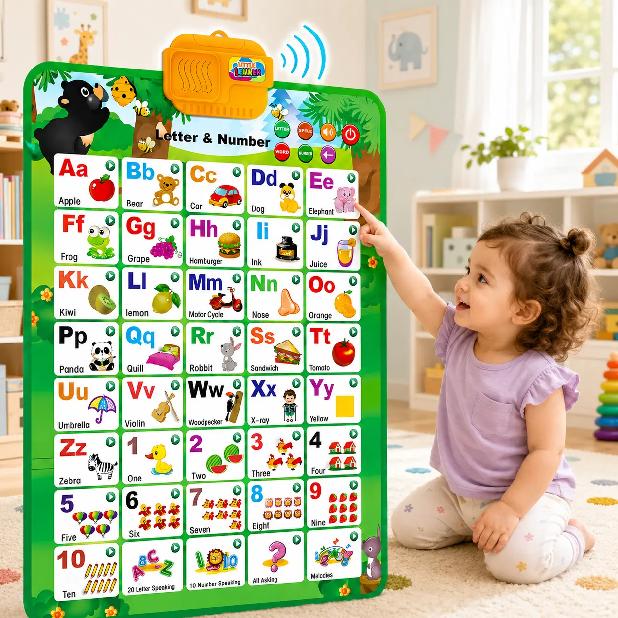 Talking Alphabet Poster for Toddlers, Interactive ABC & 123 Learning Chart with Music, Letter Sounds, Word Spelling & Animal Words, Preschool Language Toy