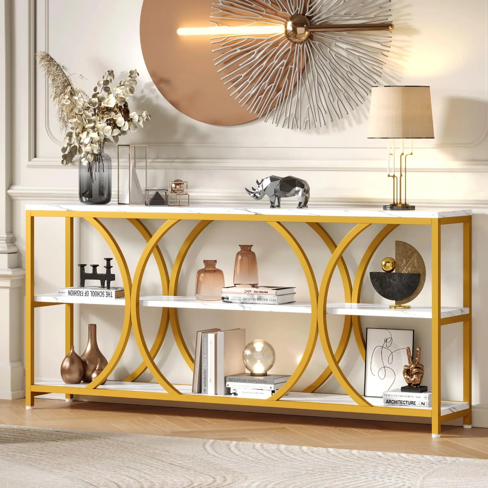 【SummerFinds】ONBRILL 70.8 inch Extra Long Entryway Table,Narrow Sofa Table Behind Couch with 3 Tier Storage Shelves for Hallway, Living Room,Console Table with Gold Frame & Faux Marble Tabletop
