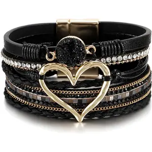 Leopard Bracelet for Women, Boho Leather Wrap Multi-Layer Pearl Crystal Bracelet Bangle Jewelry