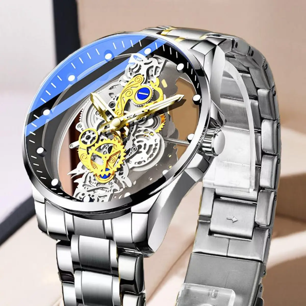 Men's New Model Double-Sided Transparent Hollow Dial Skeleton Watch - Waterproof Luminous Analog Mechanical Watch Set, Skeleton Watches, Analog Mechanical Watches