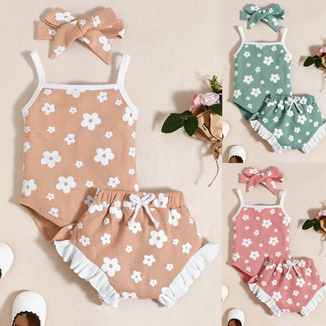 Infant Baby Girls' Summer Floral 3-Piece Set Waffle Knit Bodysuit, Ruffle Hem Shorts & Bow Headband for Cute Casual Wear 22501005 Romper Newborn Gift Set Essentials Set Outfit Essentials Set Outfit Mother's Day Gift