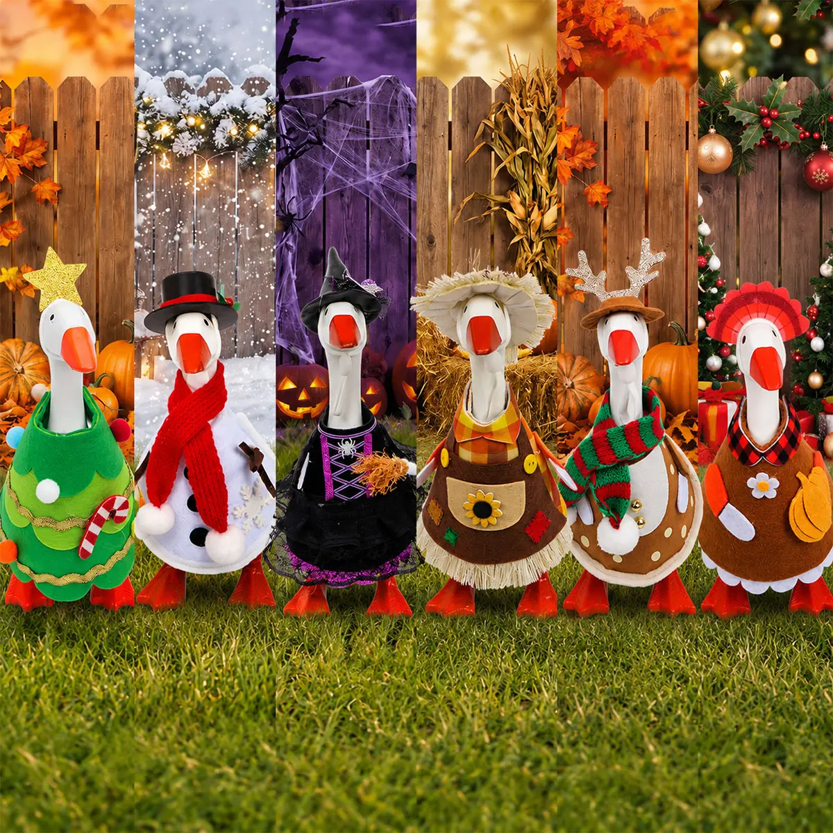 7 Inch Mini Magnetic Desk Goose Statue Detachable Knitted Felt Holiday Outfit Set Seasonal Costume Accessories for Goose Key Holder Decor Halloween Thanksgiving Christmas Desktop Ornament