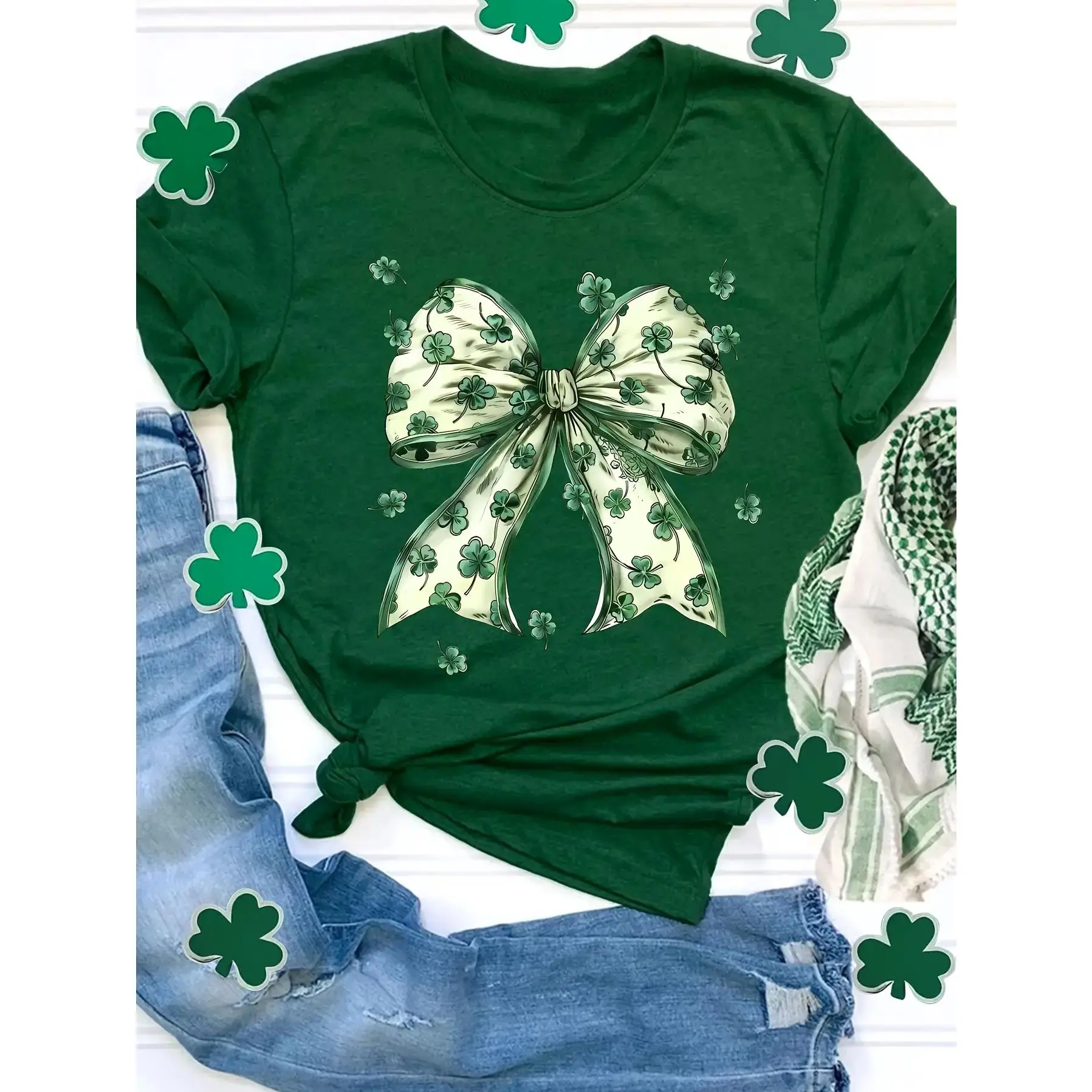 St. Patrick's Day Women's Graphic T-Shirt - Bright Green Short Sleeve Round Neck Streetwear Tee, Smooth Comfortable Fabric, Regular Fit, Machine Washable Casual Top