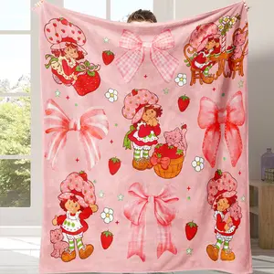Trending Strawberry Shortcake Throw Blanket Pink Strawberry & Bow Coquette Blanket, Blanket for Home, Perfect Gift for Strawberry Shortcake Fans, Warm All-Season Blanket Must-Have Cute Blanket for Girls, Ideal Birthday/Christmas Gift for Kids & Teens
