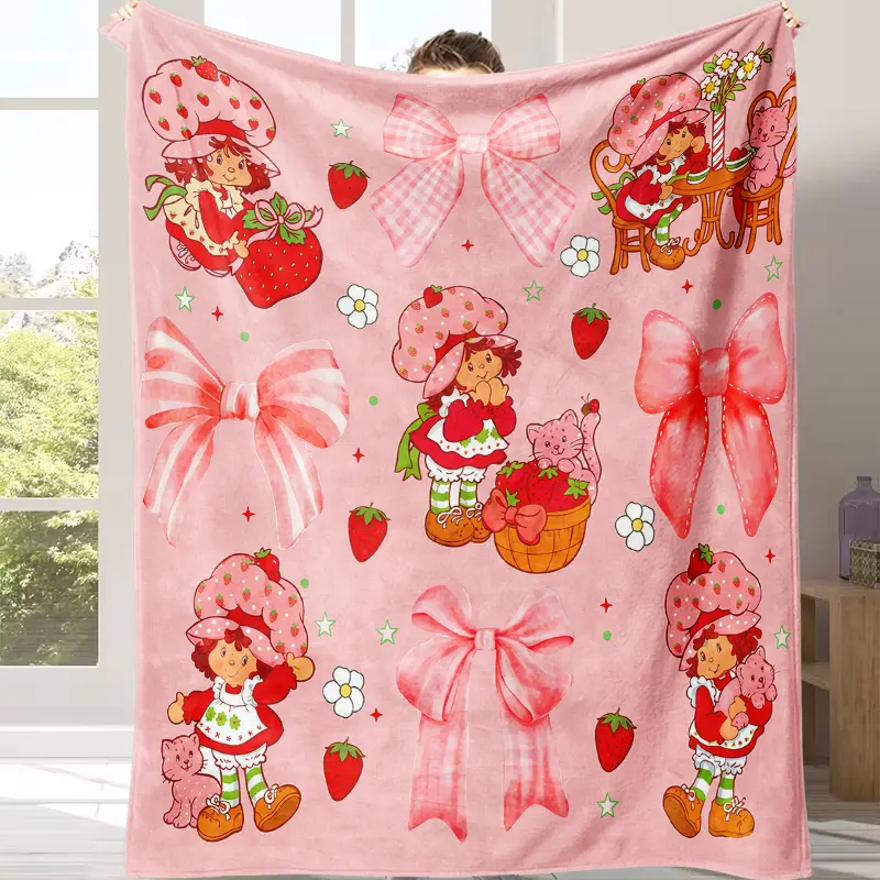 Trending Strawberry Shortcake Throw Blanket Pink Strawberry & Bow Coquette Blanket, Blanket for Home, Perfect Gift for Strawberry Shortcake Fans, Warm All-Season Blanket Must-Have Cute Blanket for Girls, Ideal Birthday/Christmas Gift for Kids & Teens