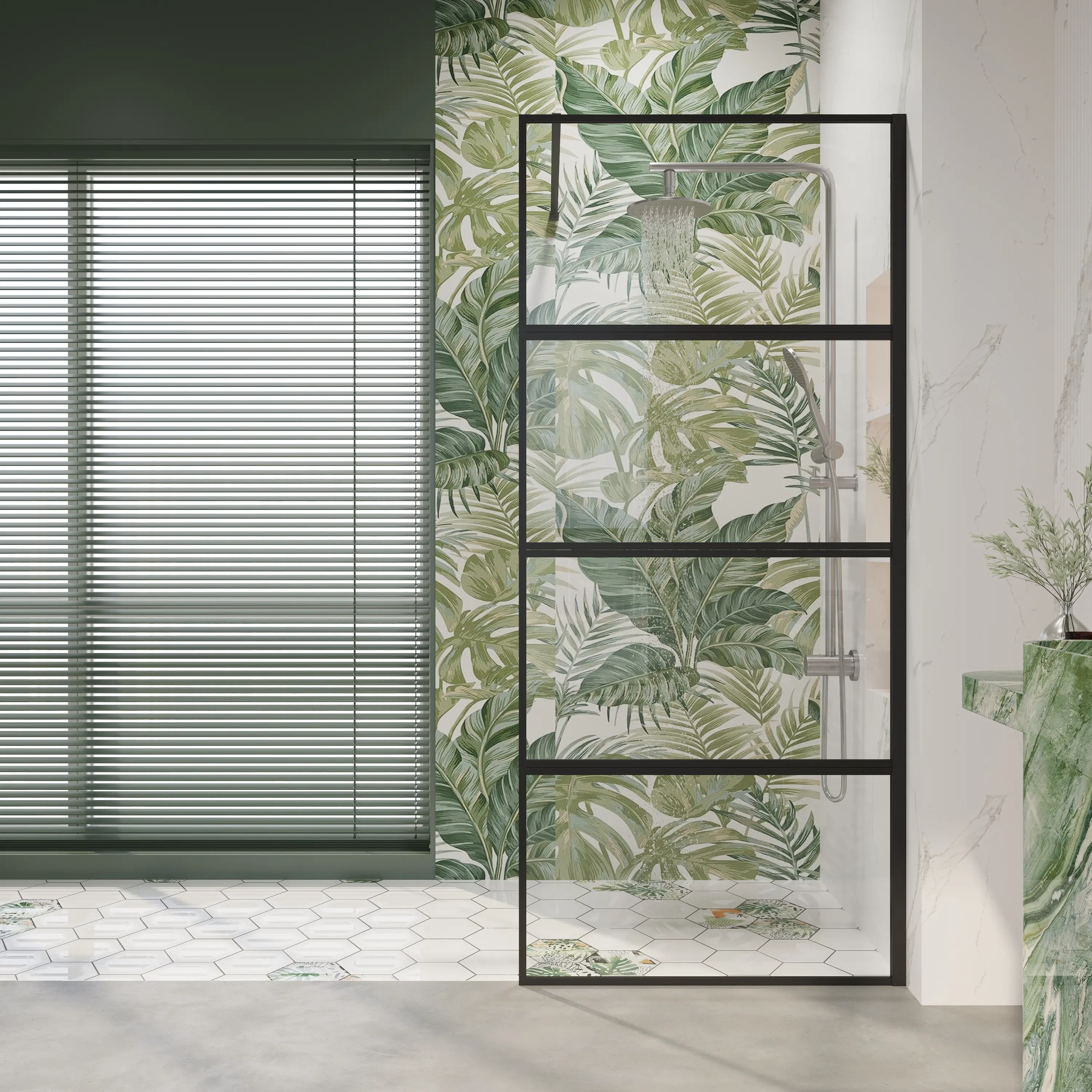 BUILDEPO 36" W × 76" H Aluminium Framed Fixed Shower Screen, Bathroom Walk-in 5/16" (8mm) Tempered Nano-Coated Glass Panel, 4-Piece Split Design with Easy-Install Adjustable Support Bar, Matte Black 25D07-36MBX, Reduces Water Spots & Soap Residue, Nano-Co