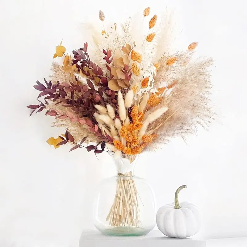Fluffy Texture Decorative Dry Orange Pampas Grass Bouquet (95 Pcs, 17") - DIY Specialty Supply, Boho Fall Home Decor, Thanksgiving Table Centerpiece