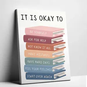 Unframed It Is Okay To Book Stack Canvas Art Positive Affirmation Poster School Counselor Therapy Office Decor