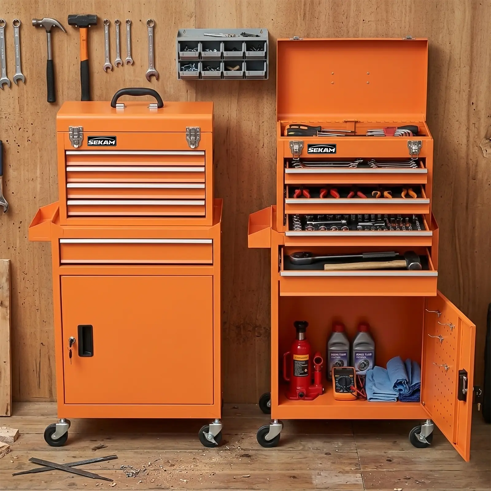 Sekam 2-in-1 Rolling Tool Chest, 5-Drawer Tool Cabinet Organizer with Detachable Metal Toolbox, Lock Bar & Side Tools Rack, Heavy Duty Mobile Storage for Garage and Workshop