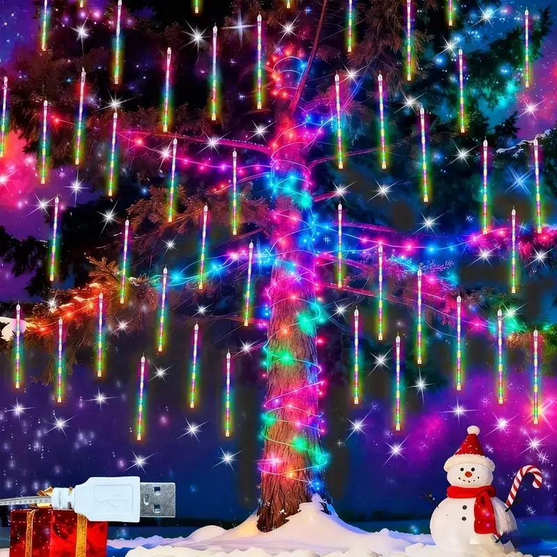8-Tube LED Meteor Shower Lights, Outdoor Decorative Lights, Festive Hanging Decoration, Water-Resistant, USB-Powered for Garden, Yard, Trees, Christmas, Holiday Parties, Party Decor