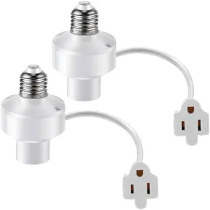 2 count 3 in 1 Light Socket Outlet Adapter, E26 Light Socket to Plug Adapter with Extension Cord, 3 Prong Bulb Outlet Converter for Indoor Outdoor Garage, Porch, Patio, Camera, LED Strip (White)