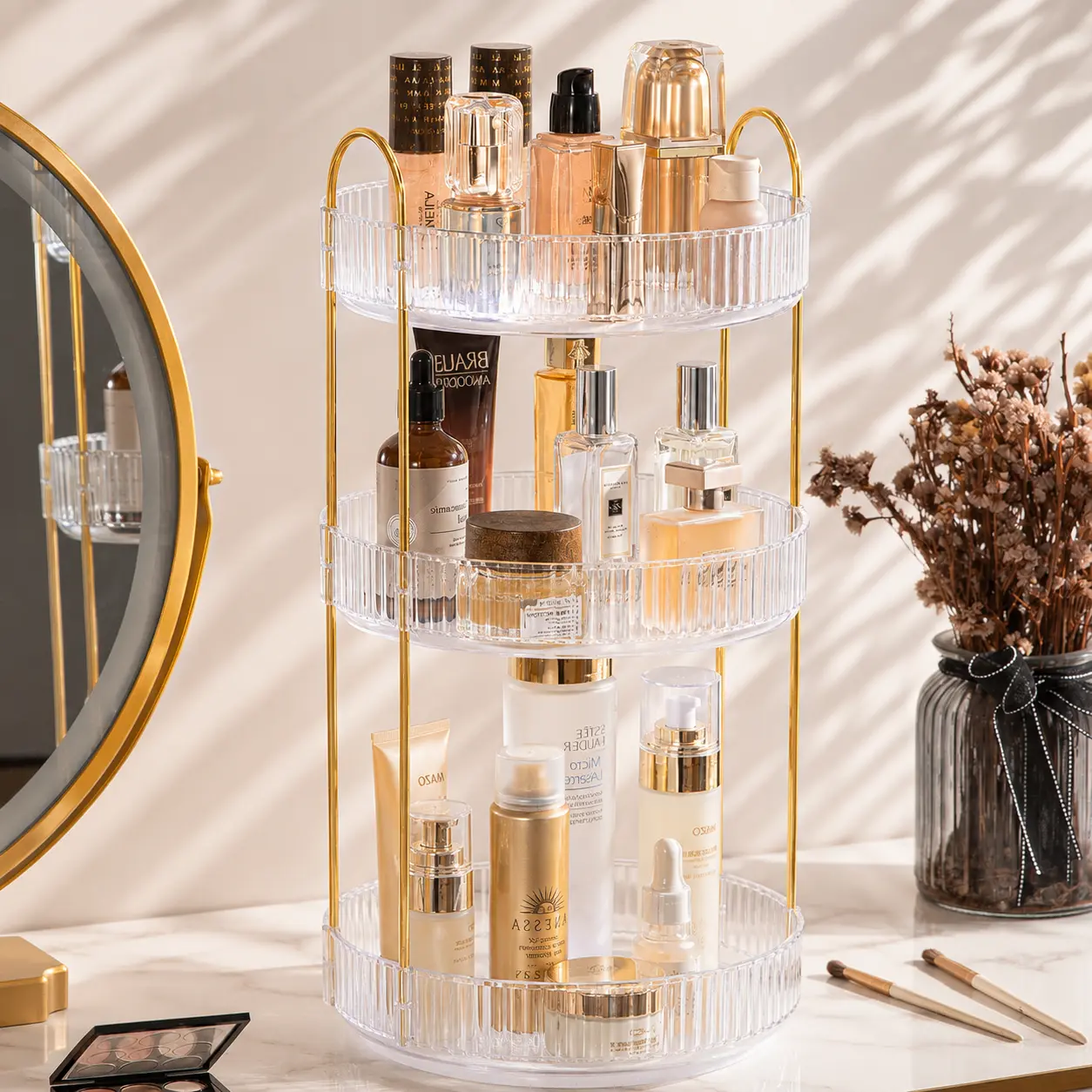 360° Rotating Round Metal Makeup Tool Organizer, Collapsible Stackable Vanity Shelf , Collapsible Storage Bin for Makeup, Perfume, Skincare, Storage Organization for Bathroom, Birthday Gift for Girlfriend