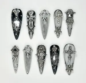 Gothic Silver Sword Press On Nails | 3D Cross & Dagger Nail Art | Handmade Dark Fantasy Nails | Medieval Armor Inspired Press Ons