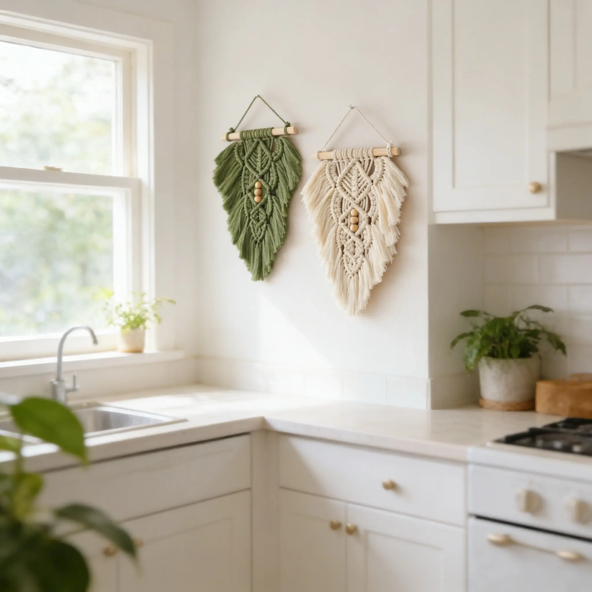 Macrame Wall Hanging Handmade Boho Style, Ivory Leaf Feather Background Decor, Small Tapestry for Home Decoration Wall Art Decor, Interior Wall Decor, Leaf Design, Wall Hanging Ornament, Hanging Room Decor, Decorative Wall Art