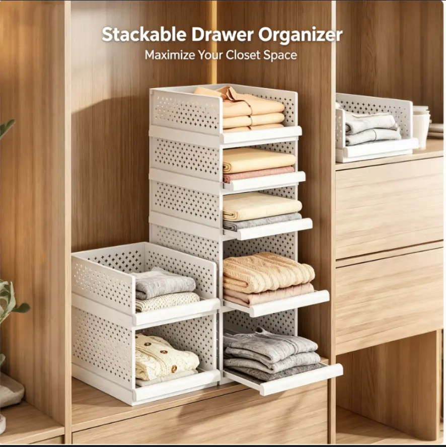 Hollow Plastic Closet Drawer Organizer Bins - Perforated Breathable Basket, 4/8/12pcs Multiple Packs Large Stackable Lightweight Pull-out Storage Boxes, 13.4*17.7*9.8in Modular Household Pack for Clothes, Laundry