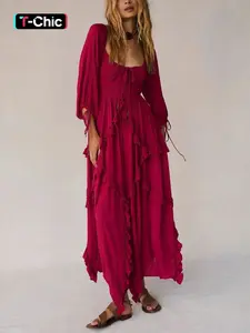 Women's Elegant U-Neck Dress with Trim, Loose-Fitting Plain Color, Casual Elegance Chic, Perfect for Daily Wear, All Seasons Fashion