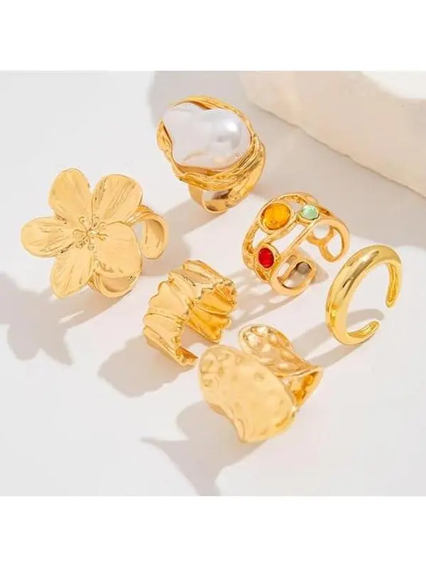 Halloween Fall Gift   Gold Chunky Stackable Rings for Women Pearl Flower Statement Jewelry Set