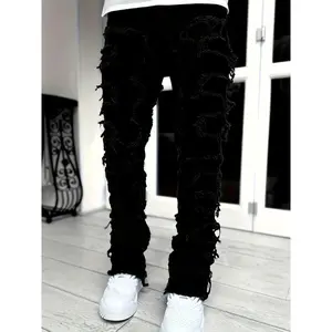 Y2K hip-hop style fringed jeans, men’s casual street style stretch denim pants