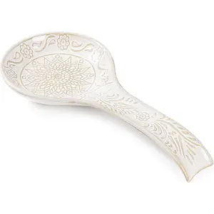 9 Inch Ceramic Spoon Rest - Large Spoon Holder for Kitchen Counter, Dishwasher Safe, White Kitchen Accessories
