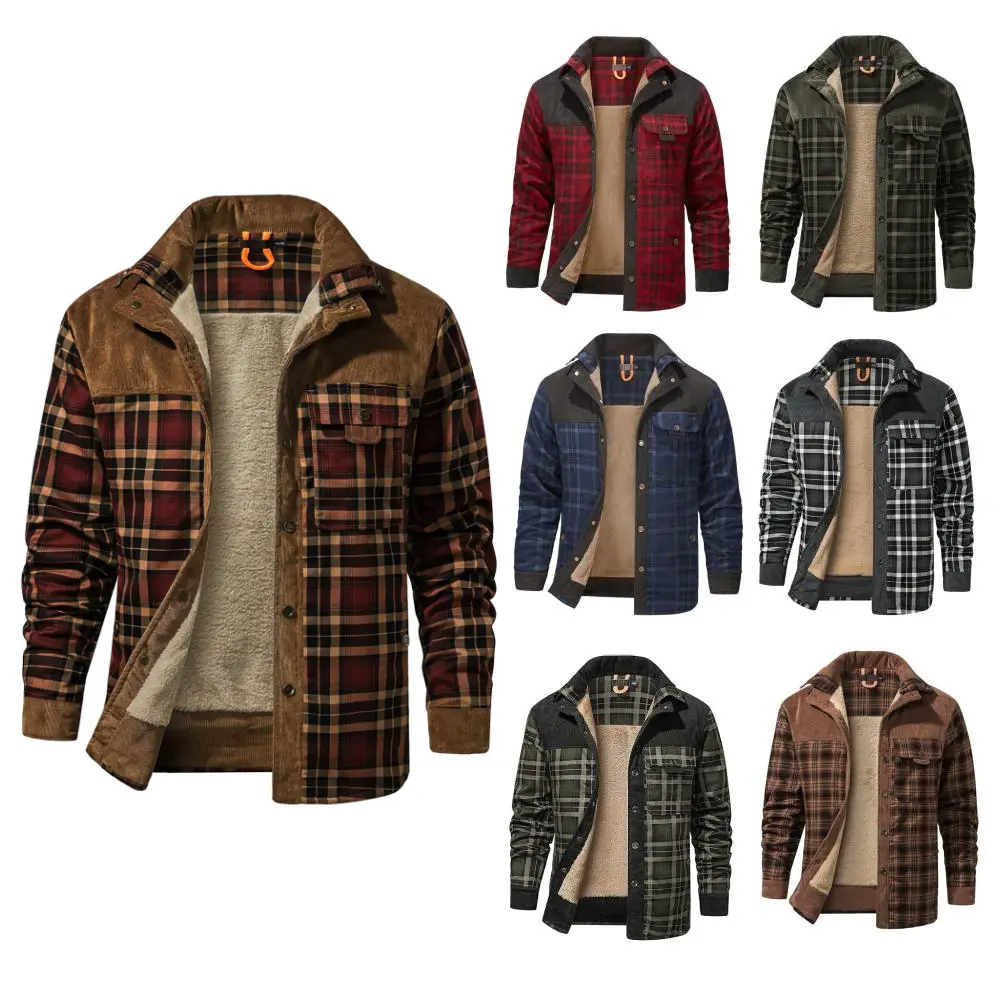 Gihuo Men's Medium Size Fleece Lined Sherpa Plaid Shirt Jacket Outdoor Warm Coats with Snap Button Front Closure & Pockets Armygreen & Cozy Outerwear Classic Menswear Soft Plaid Design Stylish Patchwork Casual Tops Checked Long Sleeve
