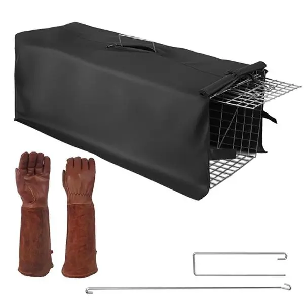 SmartCatchX Humane Double Door Live Animal Trap Cage for Raccoon/Beaver, Solid Collapsible Galvanized Metal with Waterproof Cover, Gloves, Carry Handle, 3.95kg/8.7lbs (Under 16.5lbs), 30.51x11.02x11.81in Pet Supplies Small Animal Habitat Accessory