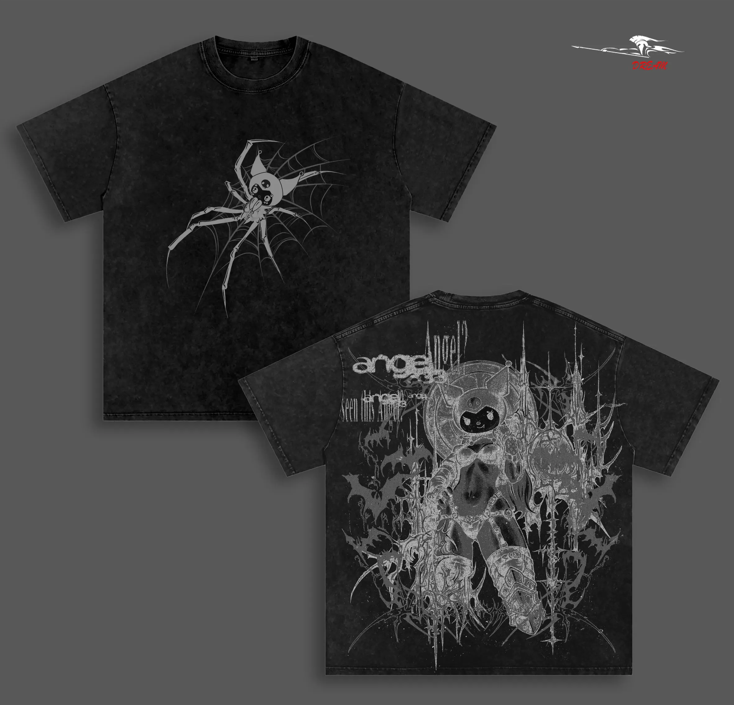 Gothic Kuromi Anime Double Printed Vintage Washed Tee Unisex Oversize Anime Manga Washed Heavyweight Cotton T-shirt