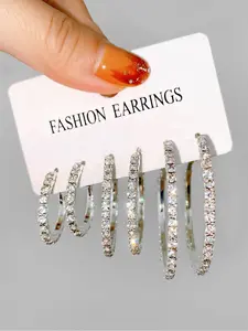 Women's 3 Pairs Elegant Alloy Rhinestone Fashionable Hoop Earrings