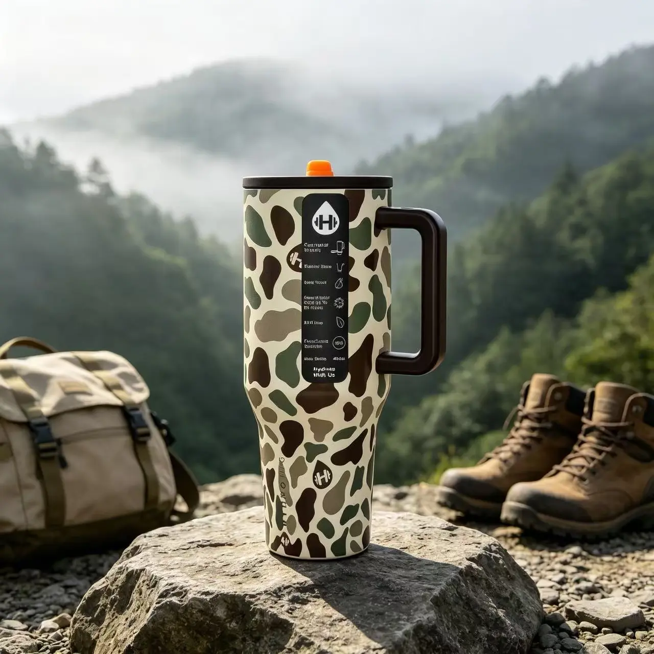 HydroJug 40oz Stainless Steel Tumbler - Camouflage Stylish Insulated, Leak-Proof Lid, Handle, Straw Included, 24-Hour Cold Retention, Portable Water Bottle for Hiking, Daily Use
