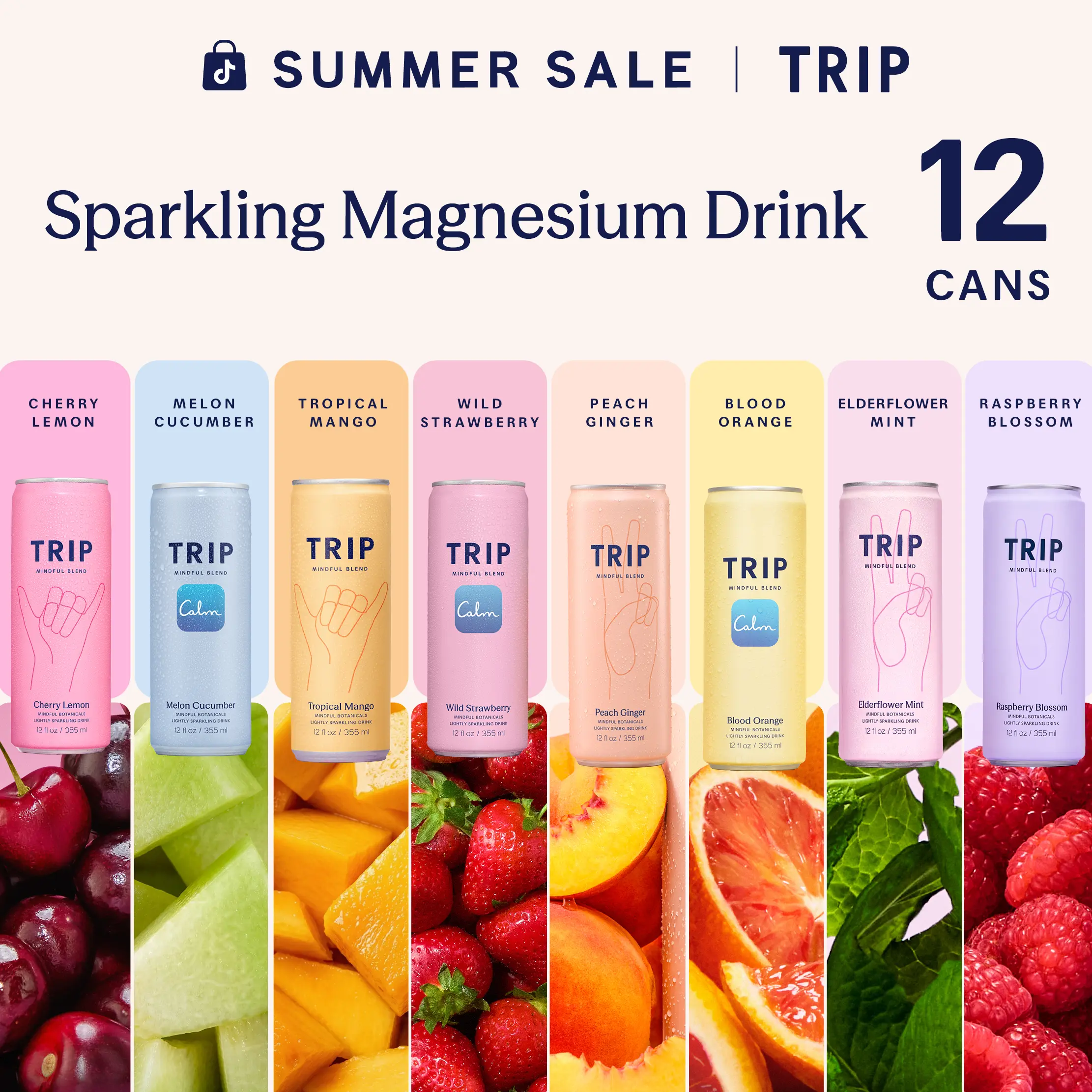 TRIP Sparkling Magnesium Drink — 120mg Magnesium, Ashwagandha, Lion's Mane & L-Theanine, Non-Alcoholic, No Added Sugar, Vegan (12-Pack, 12oz)